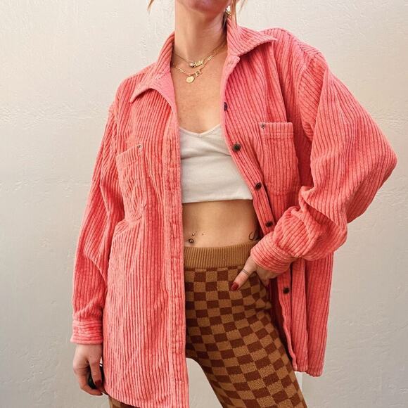 Vintage Tops - Vintage/Y2K Pink Corduroy Oversized Button Up Shirt Jacket